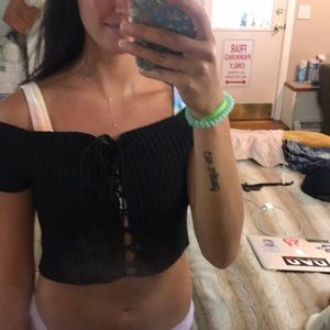 Black, off the shoulder, lace up crop top